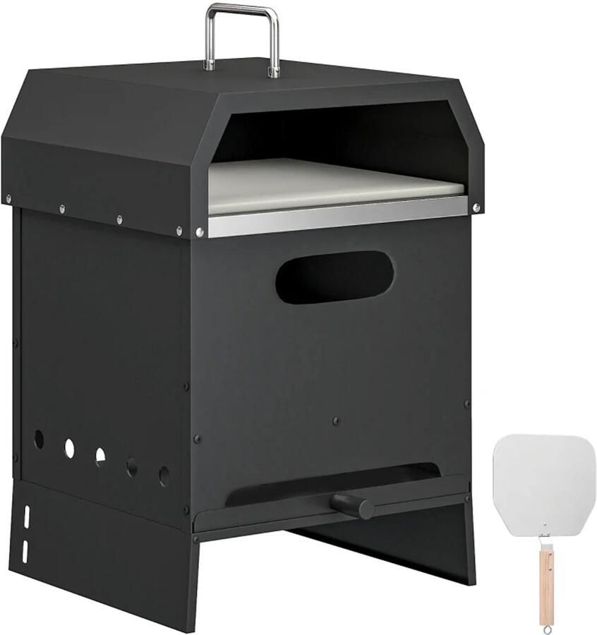 ZYLARO 3-in-1 Pizza Oven Grilloven Grillwagen 2-laags Houtgestookte Oven voor Barbecue met Pizzasteen Pizzaschep Handgrepen Pizza Maker Houtgestookt Pizzaoven voor Buiten Zwart