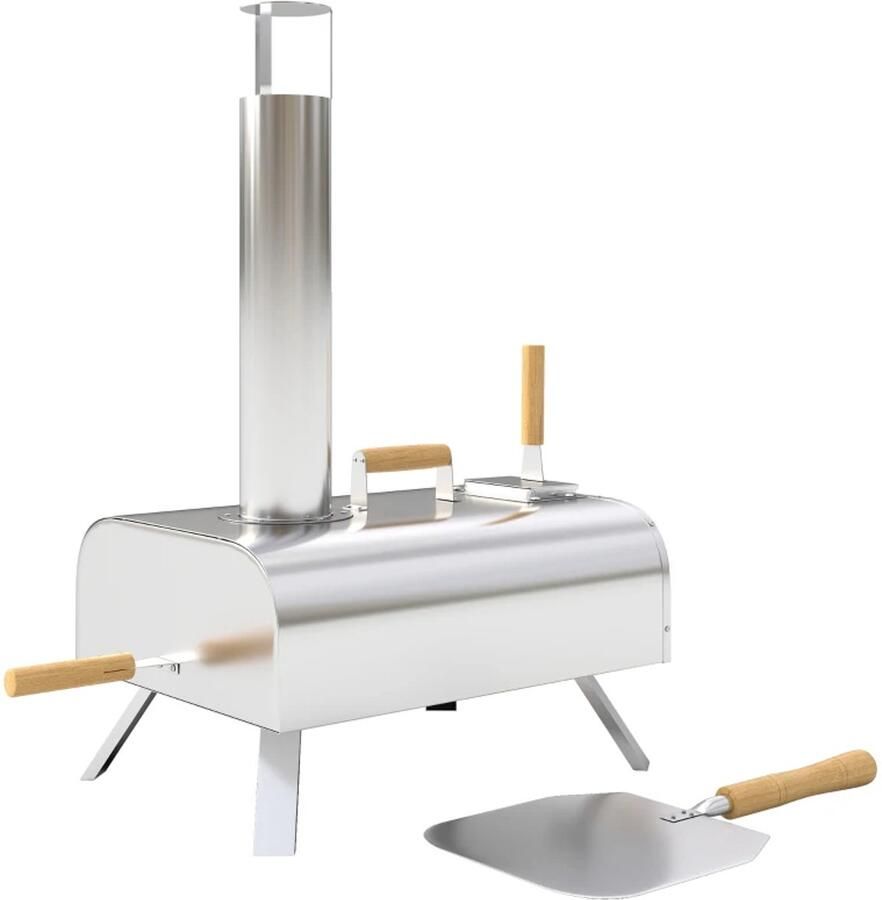 ZYLARO Draagbare Pizza Oven Grilloven met Pizzasteen Pizzaschep en Schoorsteen- Draagbaar Opvouwbaar Tafelmodel Pizza maker Houtgestookt Pizzaoven voor Buiten RVS Zilver