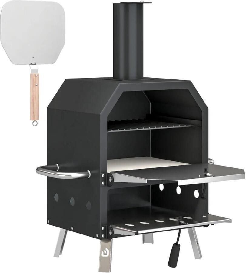 ZYLARO Pizza Oven Grilloven Grillwagen 2-laags Houtgestookte Oven voor Barbecue met Pizzasteen Pizzaschep Inklapbare poten Pizza Maker Houtgestookt Pizzaoven RVS voor Buiten Zwart