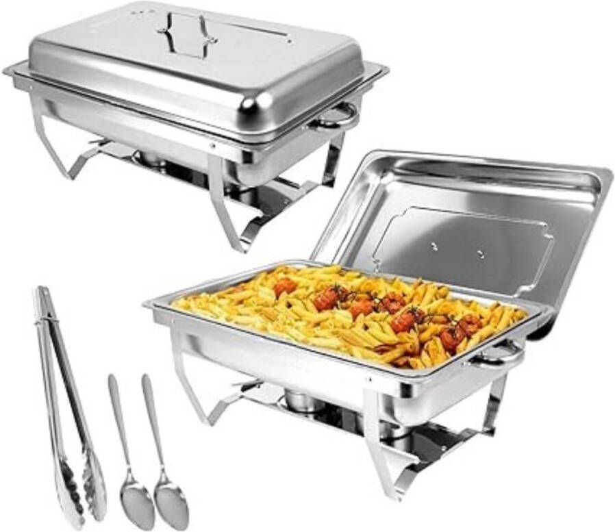 Zylo Buffetwarmer Warmhoudplaat Chafing Dish Set 9L Roestvrijstalen Verwarmingsbak 62x30x35cm Zilver