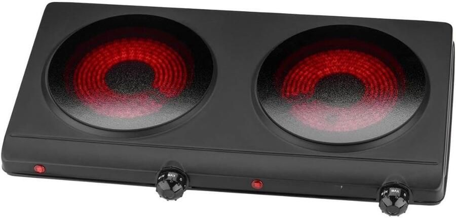 Zyrex Elektrische Kookplaat 2 Pits Elektrische Fornuis Elektrische Kookplaat Vrijstaand 2 Kookzones Kinderslot ‎Zwart ‎50cm x 50cm x 28 cm