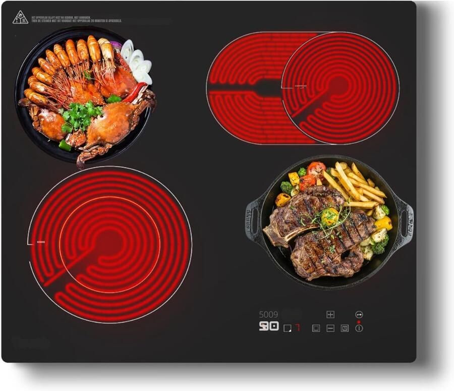 Zyrex Elektrische Kookplaat 4 Pits Elektrische Fornuis Elektrische Kookplaat Vrijstaand 4 Kookzones Kinderslot Keramische Houtnerf 60cm x 52cm x 6cm