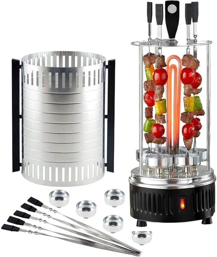 Zyrex Kebab Grill – Verticale Grill Inclusief 5 Kebab Spiezen – Donorgrill Met Opvangbakjes – Zilver 25cm x 25cm x 50 cm