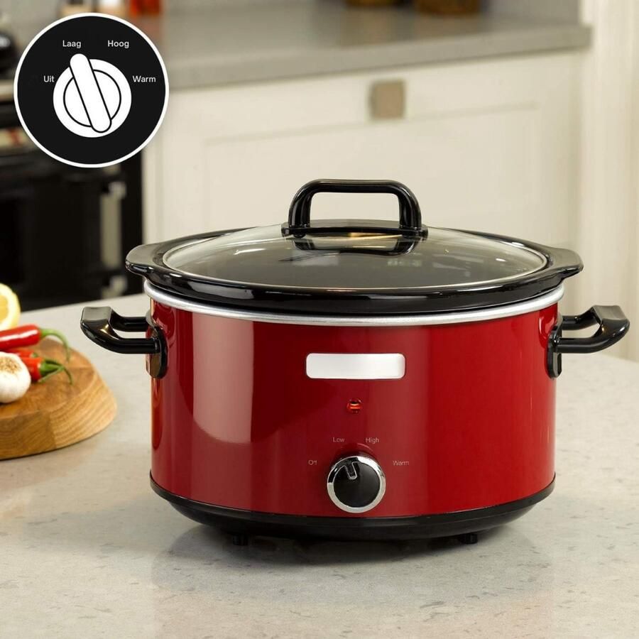 Zyrex Slowcooker met Timer Crockpot Stoompot RVS Inclusief Warmhoudfunctie Rood 30cm x 22cm x 30cm; 3kg