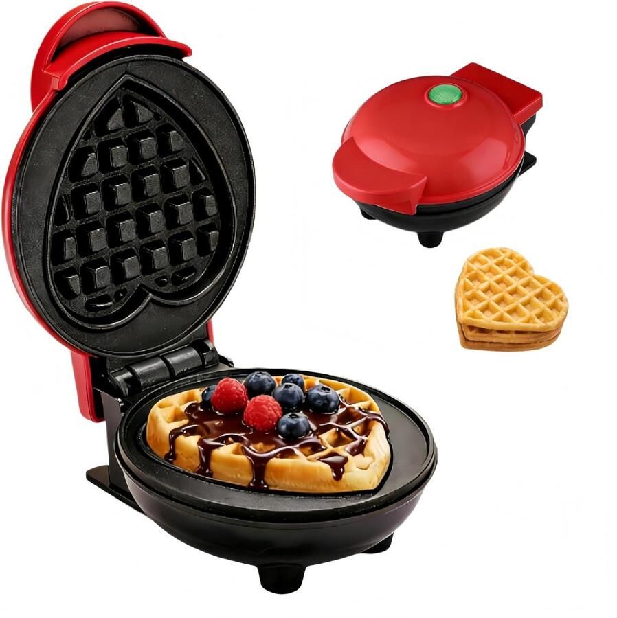 Zyronn Wafelijzer Elektrisch wafelijzer Dubbele antiaanbaklaag gemakkelijk loslaten van het baksel en snelle reiniging Compact ruimtebesparend ontwerp Rood hart