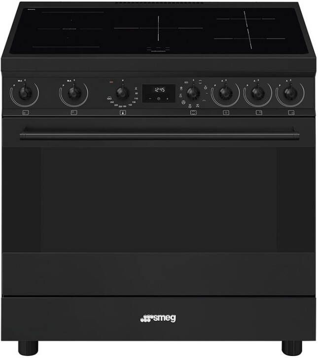 Smeg C9IMN2 Vrijstaand Inductie Fornuis 90 cm 5 Kookzones 115L Multifunctionele Oven True Convection Vapor Clean Mat Zwart