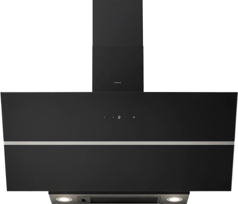 Inventum AKD9015GTZ schuine wandschouw afzuigkap 90 cm Afzuigcapaciteit 660 m3 h Geschikt voor open keuken 4 standen Timer Display met tiptoetsen Automatisch uitschakelen Ledspots Energielabel A++ Luchtafvoer en recirculatie Zwart