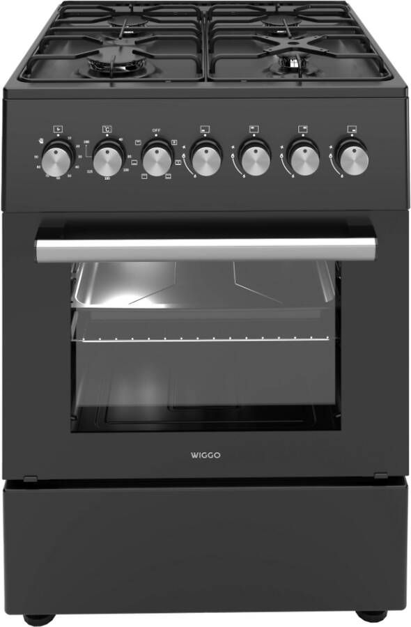 Wiggo WO-E606A(BB) Vrijstaand Gasfornuis 60 cm 66 Liter 4 pitten Energieklasse B 5 jaar garantie Zwart