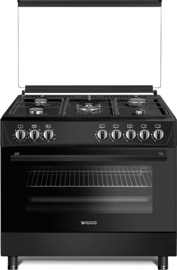 Wiggo WO‑E905R(BB) – Vrijstaand gasfornuis – 90 cm – 5 kookzones met wokbrander – 110L elektrische oven – Zwart – Elektrische vonkontsteking & vlambeveiliging – Energieklasse B – 5 jaar garantie - Foto 2