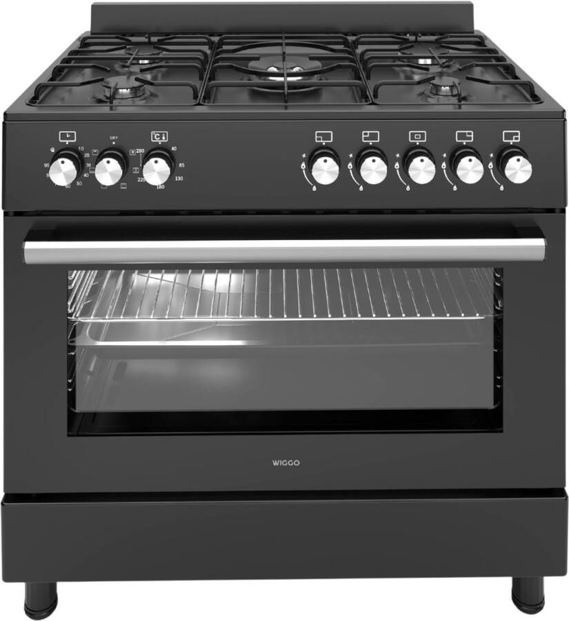 Wiggo WO-E906B(BB) Vrijstaand Gasfornuis 90 cm 110 Liter 5 pitten Energieklasse A 5 jaar garantie Zwart