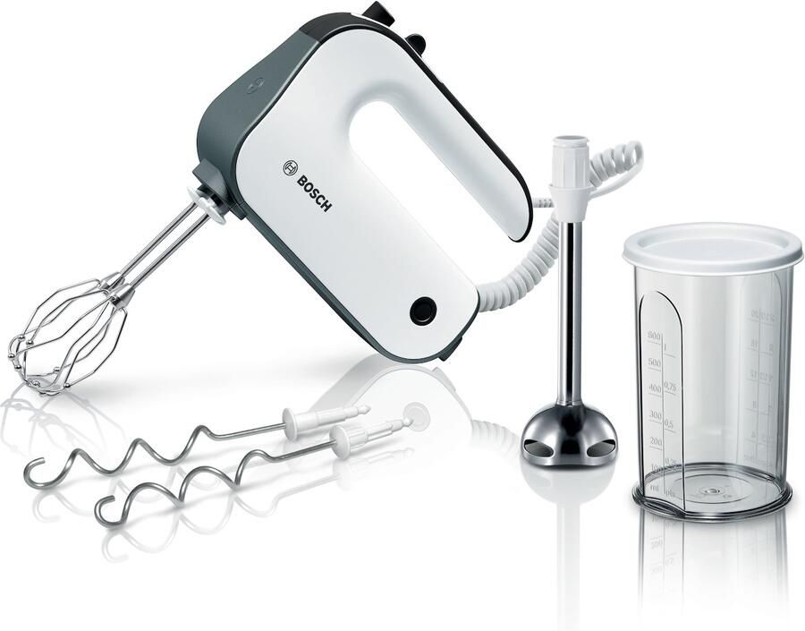 BOSCH Handmixer MFQ49700 roestvrijstalen garde kneedhaken spiraalkabel mixvoet wit grijs