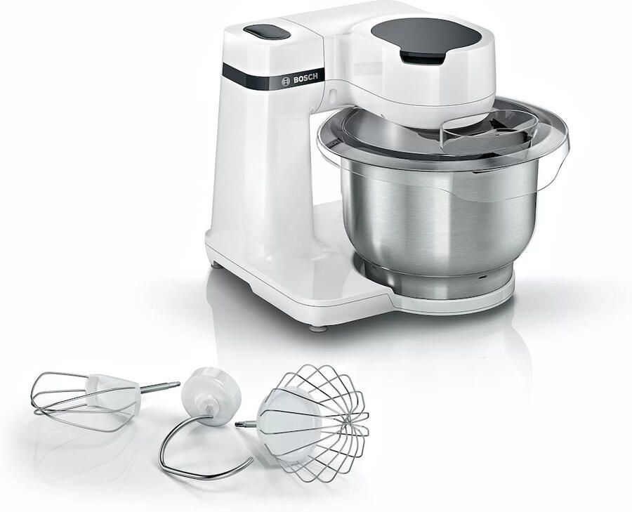 BOSCH Keukenmachine Serie 2 MUMS2EW00 edelstalen kom wit Planetenmixers kneedhaken schaar- klop- mixbesen van roestvrij staal 4 standen