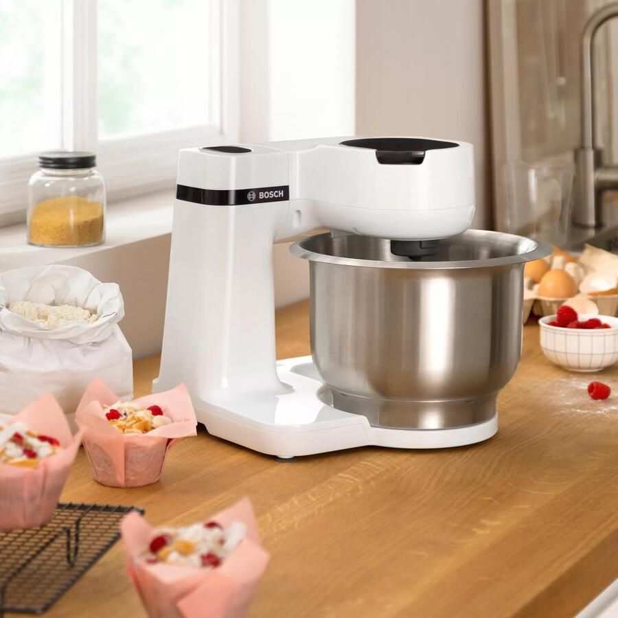 BOSCH Keukenmachine Serie 2 MUMS2EW00 edelstalen kom wit Planetenmixers kneedhaken schaar- klop- mixbesen van roestvrij staal 4 standen