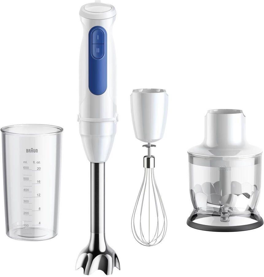 Braun MultiQuick 3 MQ30.202M – Staafmixer Eenvoudige bediening 2 snelheden RVS Staafmixervoet met Hakmolen garde en beker Wit 900 W