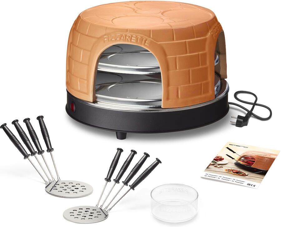 Emerio Pizzarette Origineel 8 Persoons Pizza Oven Handgemaakte Terracotta Koepel 8 Geïsoleerde Bakspatels RVS Bakplaat Gourmetstel met Cool touch PO-116124.1 1500W