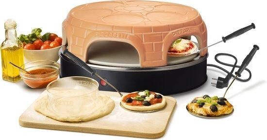 Emerio PO-116100.1 Pizzarette 6 Persoons Pre-bake functie Handgemaakte terracotta koepel 6 Geïsoleerde bak spatels Speciale stenen bakplaat voor extra knapperige bodem