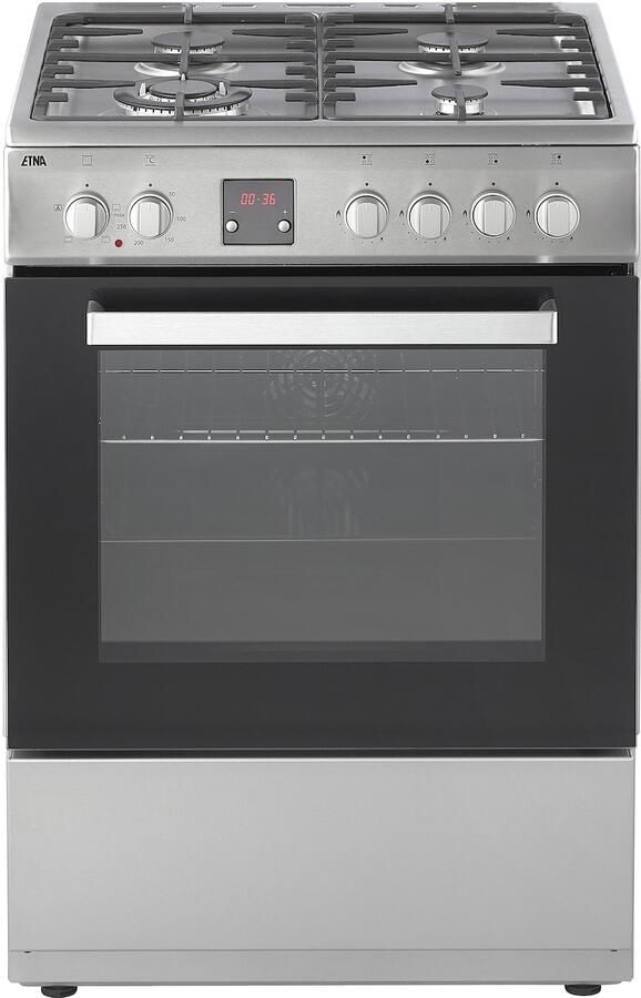 ETNA FGV460RVS Gas elektro fornuis 4 pits inclusief wok 60 cm RVS Glazen sierdeksel Oven inhoud 65 liter
