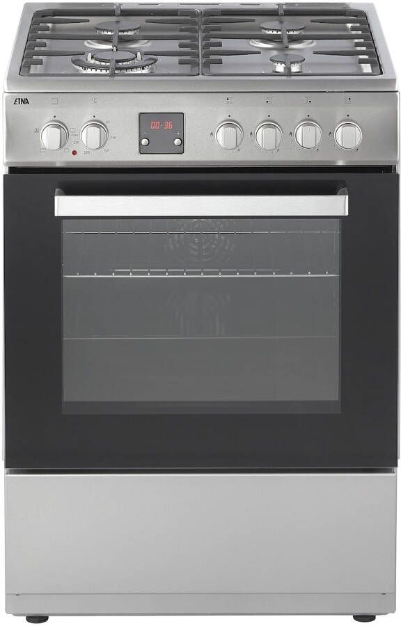 ETNA FGV460RVS Gas elektro fornuis 4 pits inclusief wok 60 cm RVS Glazen sierdeksel Oven inhoud 65 liter