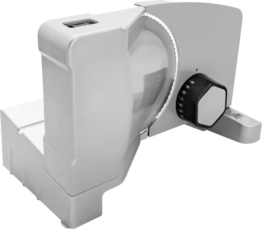 Fritel Snijmachine SL 3657 Broodsnijmachine met Universeel Mes Vlees- en Broodsnijder 0-20mm -Ø 17cm Vleessnijmachine voor thuis elektrisch Schuine slede 15° 150W