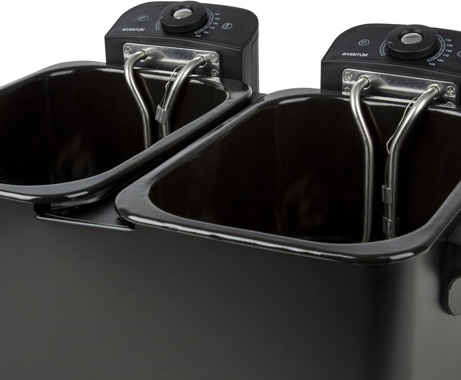 Inventum GF461B Dubbele frituurpan 2 x 2 5 liter Tot 190 graden 2 x 1800 watt Koude zone Friteuse Zwart