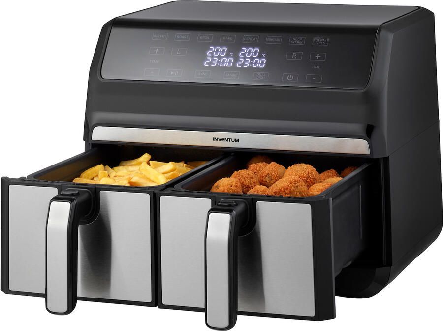 Inventum GF800HLD Dubbele airfryer Hetelucht friteuse 2 x 4 liter 8 programma's Dual cook functie 80 tot 200 graden PFAS vrij 1700 watt Zwart RVS