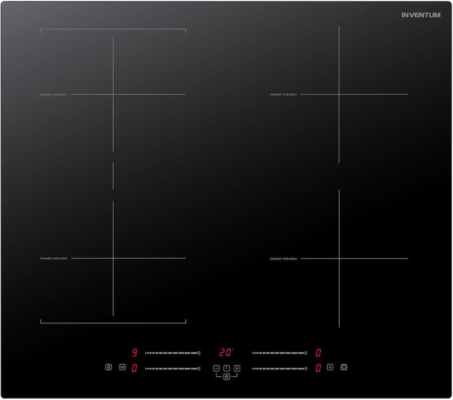 Inventum IKI6035 inbouw inductiekookplaat 60 cm 1- of 2-fase 4 kookzones Bridgefunctie Boost Timer Kinderslot Facetrand voorzijde Elektrische kookplaat 4 pits Zwart