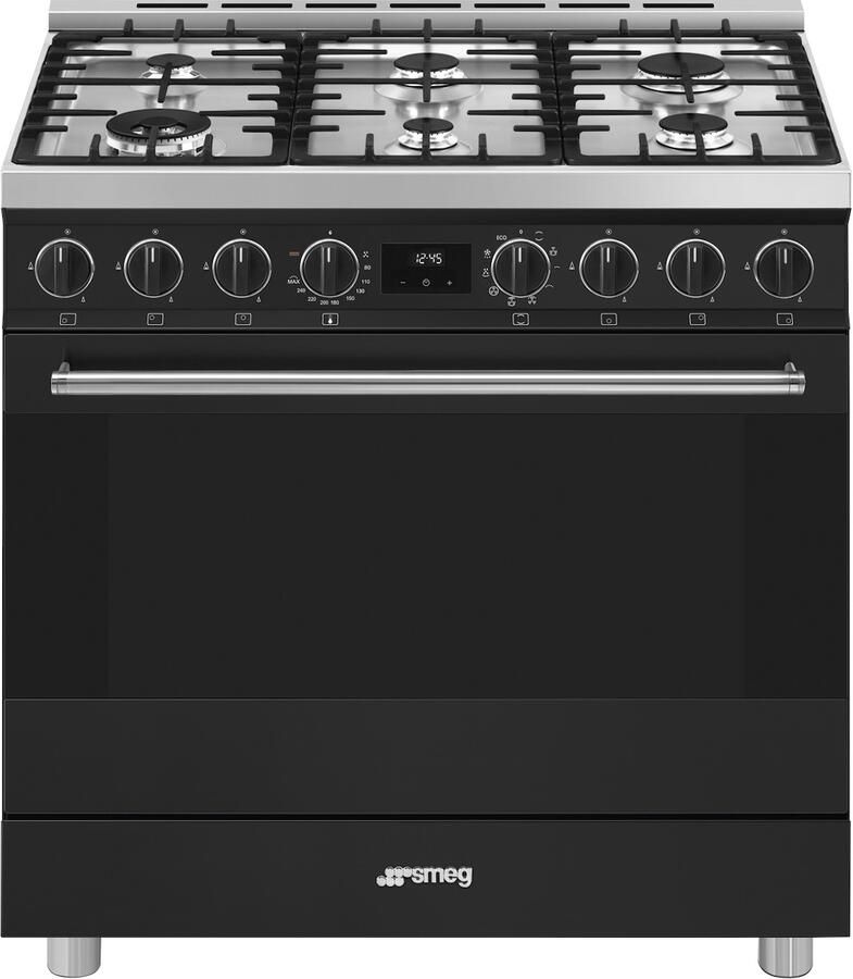 Smeg B91GMMBNLK2 Gasfornuis Vrijstaand Fornuis 90 cm 6 Gasbranders Wokbrander Multifunctionele Oven 115L Vapor Clean Energieklasse A Mat Zwart