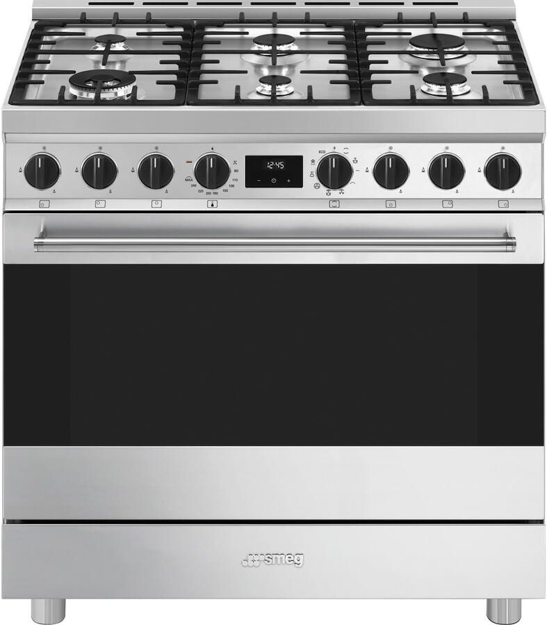 Smeg B91GMXNLK2 Gasfornuis 90 cm 6 Kookzones Wokbrander 115L Multifunctionele Oven Vapor Clean Pizzafunctie Energieklasse A RVS