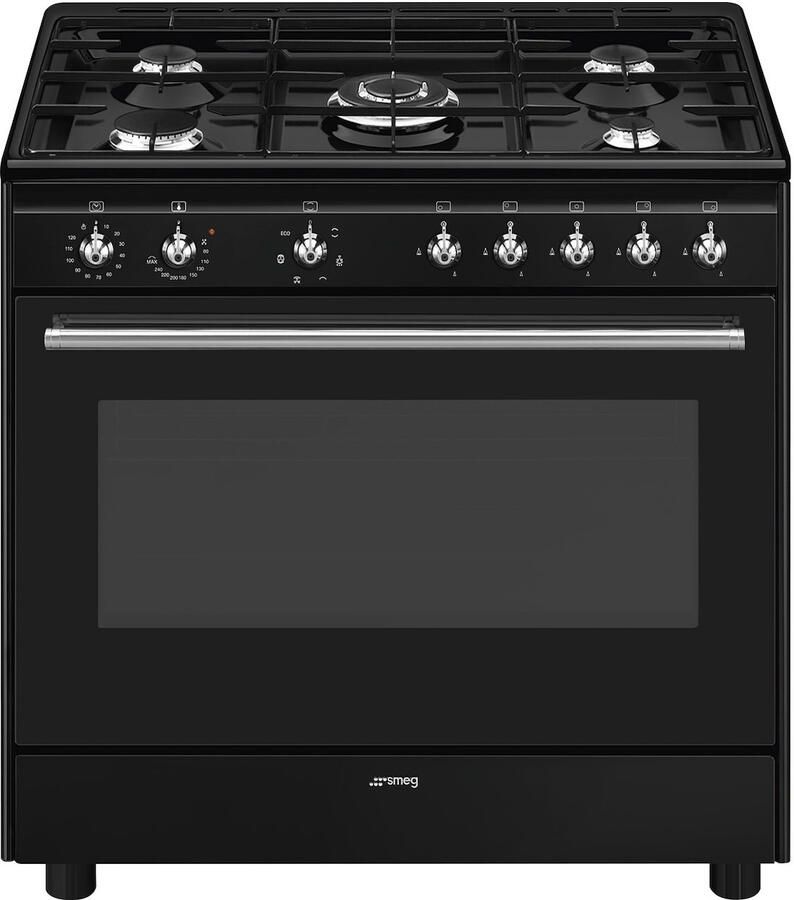 Smeg CX91GMBLNLK Gasfornuis 90 cm 5 Kookzones Wokbrander 70L Heteluchtoven Vapor Clean Energieklasse A Mat Zwart