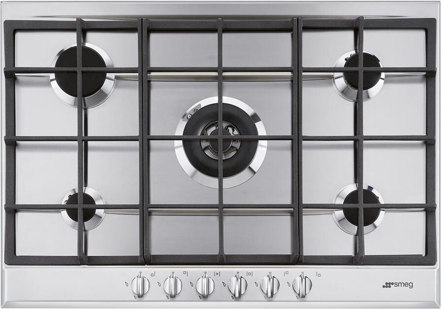Smeg P272XGHNLK Gaskookplaat 75 cm RVS 5 Gasbranders Wokbrander Inbouw Kookplaat