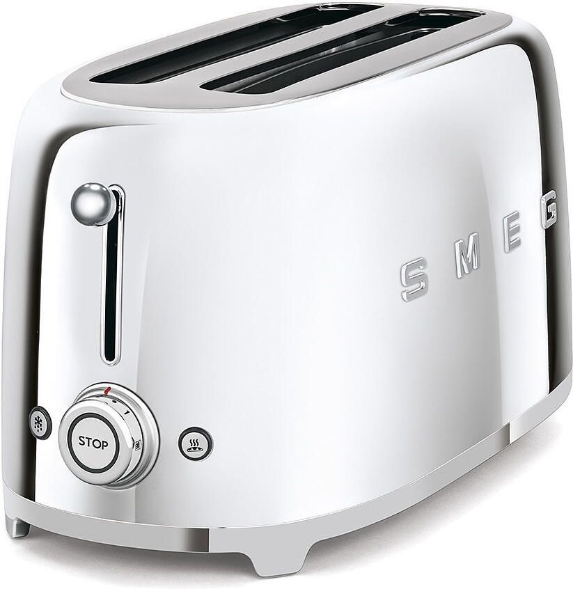 Smeg TSF02SSEU Broodrooster 4 Sneden 2 Lange Sleuven 1500W 6 Bruiningsstanden Ontdooifunctie Opwarmfunctie & Bagelfunctie '50s Style Steel