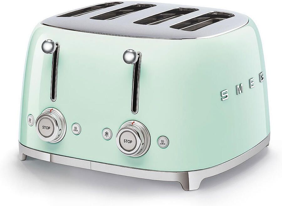 Smeg TSF03PGEU Broodrooster 4 Sneden 4 Brede Sleuven 2000W 6 Bruiningsstanden Ontdooifunctie Opwarmfunctie & Bagelfunctie '50s Style Watergroen