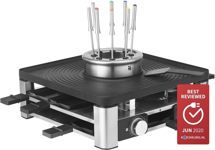 WMF Raclette Lumero gourmetstation 3-in-1 raclette fondue en indoor-grill vaatwasmachinebestendige pannetjes plaat spatbescherming led-verlichting