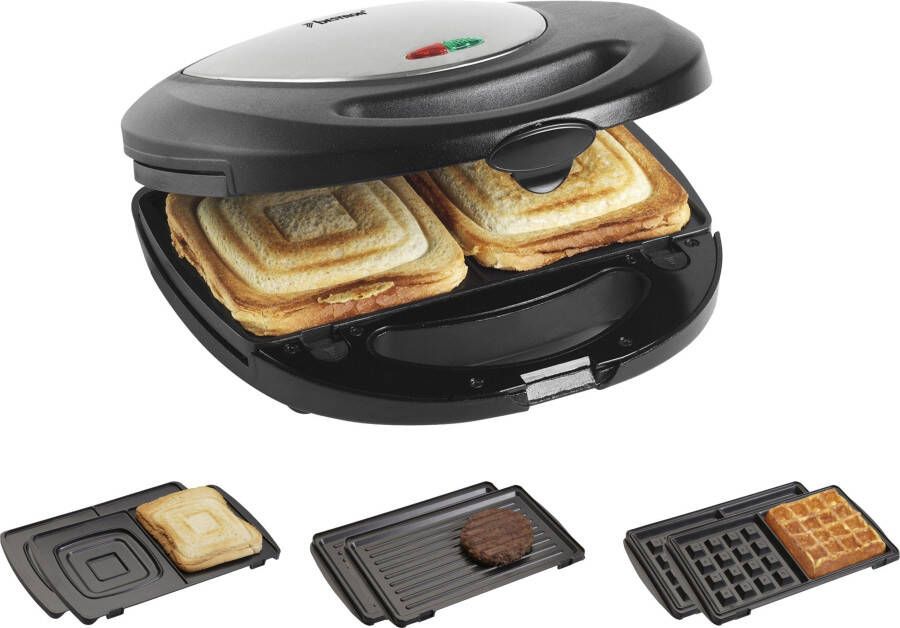 Bestron 3-in-1 contactgrill inclusief 3 uitwisselbare bakplaten: Sandwich Wafel- en Grillplaat met antiaanbaklaag & Indicatielampje 760 Watt rvs - Foto 2