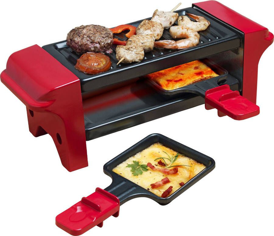 Bestron Mini Raclette Gourmetstel voor 1 tot 2 personen incl. 2 pannen & 2 houten spatels met antiaanbaklaag 350W rood zwaart - Foto 2