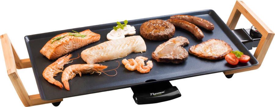 Bestron elektrische Grillplaat voor 4 Personen Teppanyaki Bakplaat met antiaanbaklaag & bamboe handgrepen in aziatisch design 2000W zwart