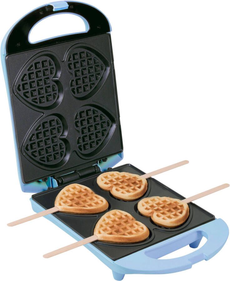 Bestron Wafelijzer voor hartvormige Wafels Wafelijzer hartvorm op een stokje Wafelmaker met antiaanbaklaag & indicatielampje incl. 20 houten stokjes Blauw