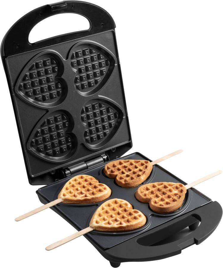 Bestron Wafelijzer voor hartvormige Wafels Wafelijzer hartvorm op een stokje Wafelmaker met antiaanbaklaag & indicatielampje incl. 20 houten stokjes Zwart