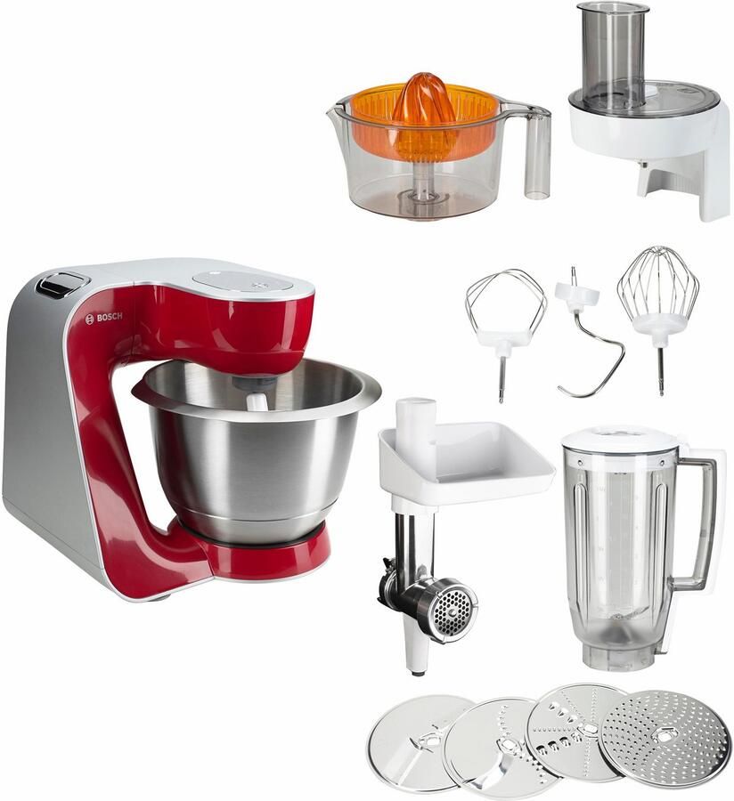 BOSCH Keukenmachine Serie 4 MUM56740 doorlopend snijwerk mixer vleesw. citruspers rood Kom 3 9l roestvrij staal vaatwasmachinebestendig 4 schijven 3 menggereedschappen - Foto 7