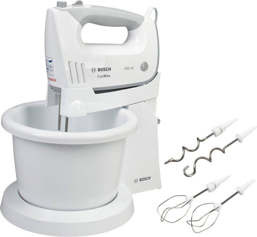 BOSCH Handmixer ErgoMixx MFQ36460 roestvrijstalen garde kneedhaken standaard kom wit