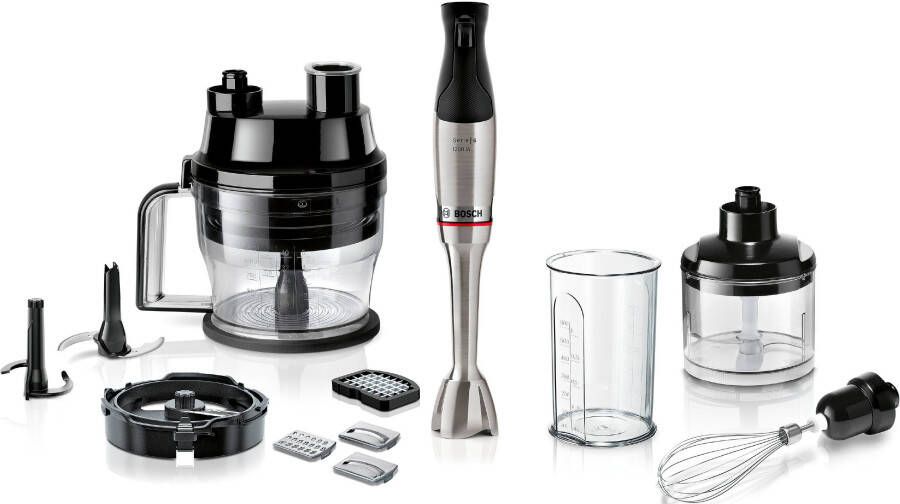 Bosch Serie 6 MSM6M8X1 ErgoMaster Staafmixer set 1200W RVS Inclusief maatbeker garde hakmolen spiraalsnijder & foodprocessor (met 4 mesjes)