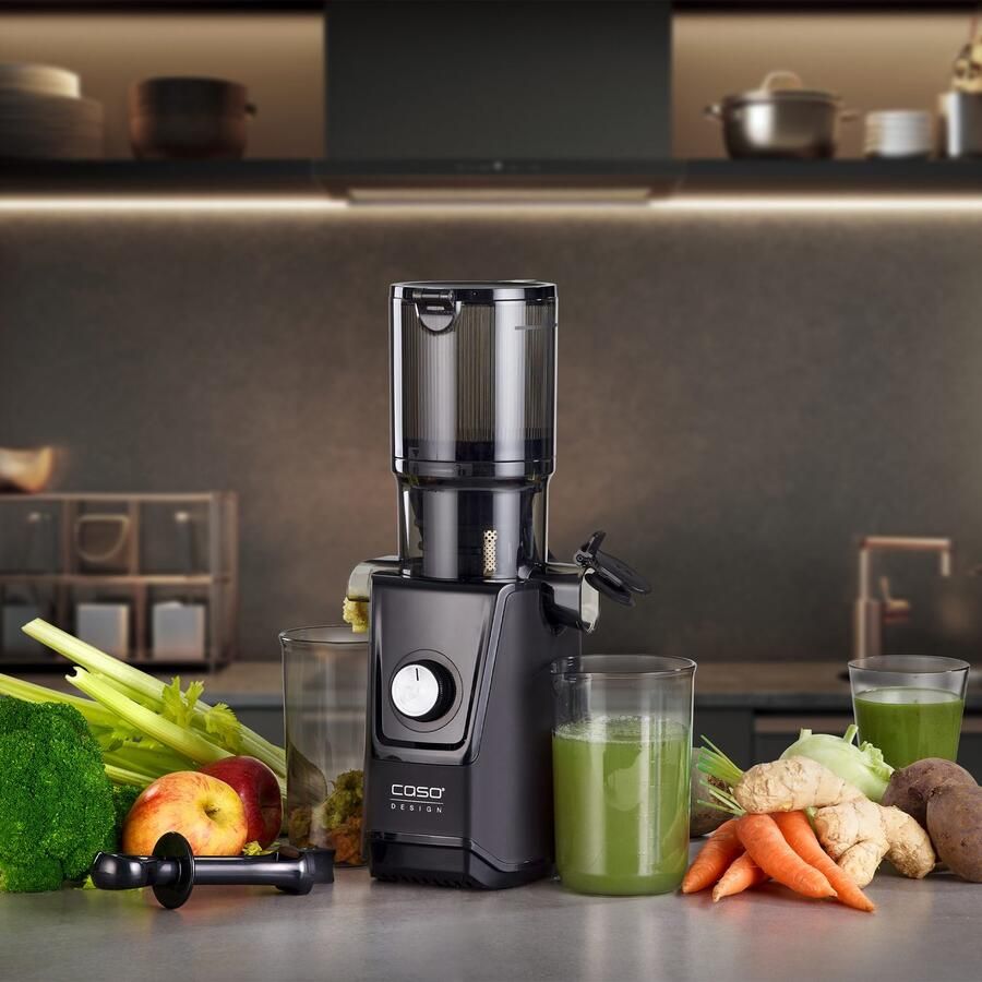 Caso Design CASO Juice Fit Slow Juicer – 200W – Matt Zwart – XL Vulopening Ø105 mm – 800 ml Sap- en Pomace container