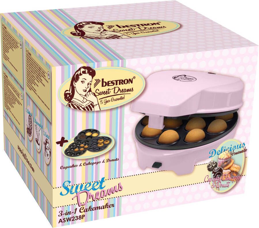 Bestron 3-in-1 cakemaker in retro-design met 3 verwisselbare bakplaten: donut- cupcake- en cakepopmaker met indicatielampje & antiaanbaklaag 700 watt roze - Foto 2