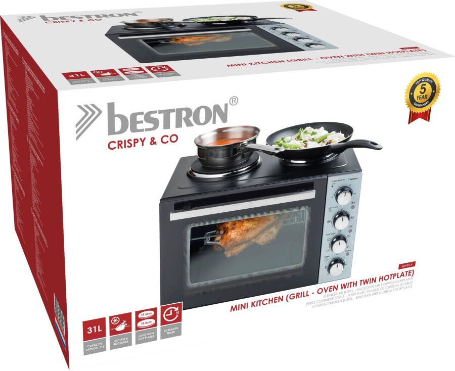 Bestron Mini-keuken AOV31CP Crispy & Co. met oven en 2-pits kookplaat 3200 w zwart - Foto 2