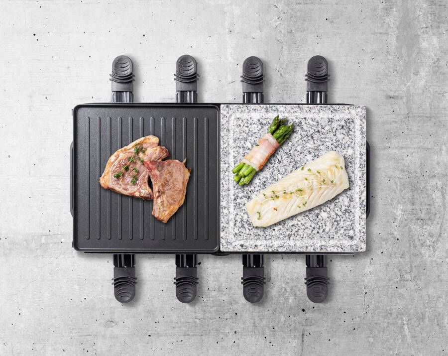 Bestron 2-in-1 raclette party grill elektrische Gourmetstel voor maximaal 8 personen krasbestendige natuurlijke grillsteen & bakplaat met antiaanbakplaag 8 pannen & 8 spatels 1400 Watt koper - Foto 3