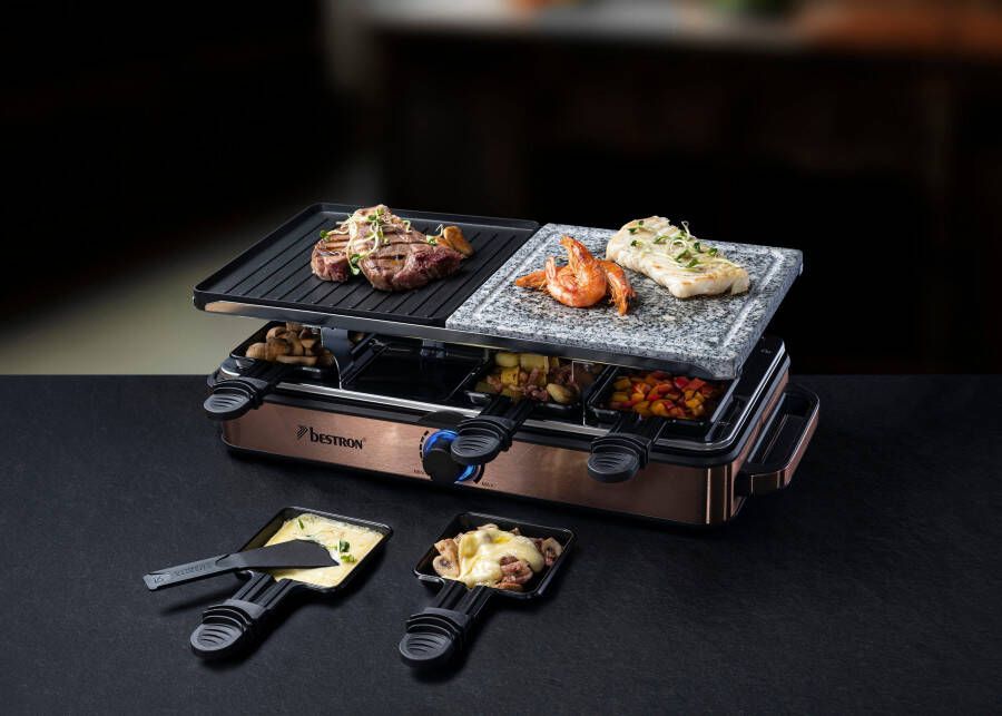 Bestron 2-in-1 raclette party grill elektrische Gourmetstel voor maximaal 8 personen krasbestendige natuurlijke grillsteen & bakplaat met antiaanbakplaag 8 pannen & 8 spatels 1400 Watt koper - Foto 5
