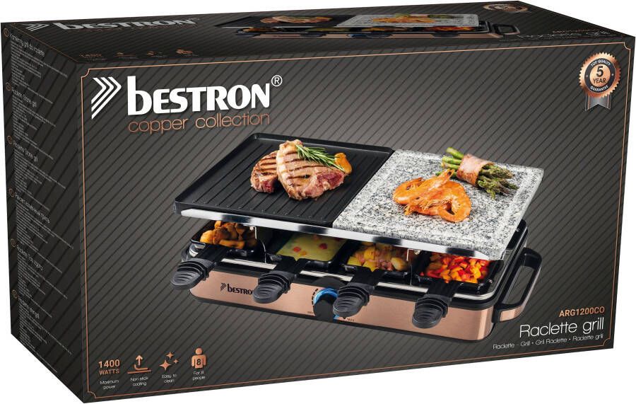 Bestron 2-in-1 raclette party grill elektrische Gourmetstel voor maximaal 8 personen krasbestendige natuurlijke grillsteen & bakplaat met antiaanbakplaag 8 pannen & 8 spatels 1400 Watt koper - Foto 6