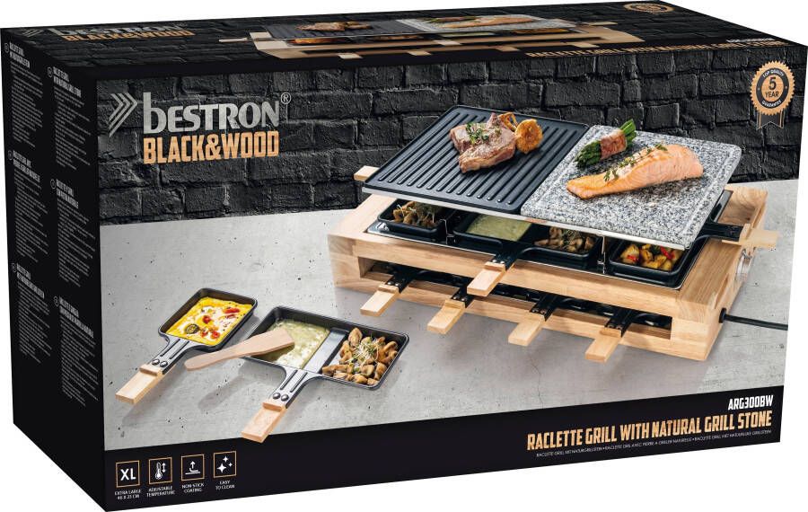 Bestron Gourmetstel XL Raclette Grill set voor 8 personen met natuurlijke grillsteen & antiaanbak grillplaat incl. grote pannen set 1500 Watt zwart hout - Foto 5