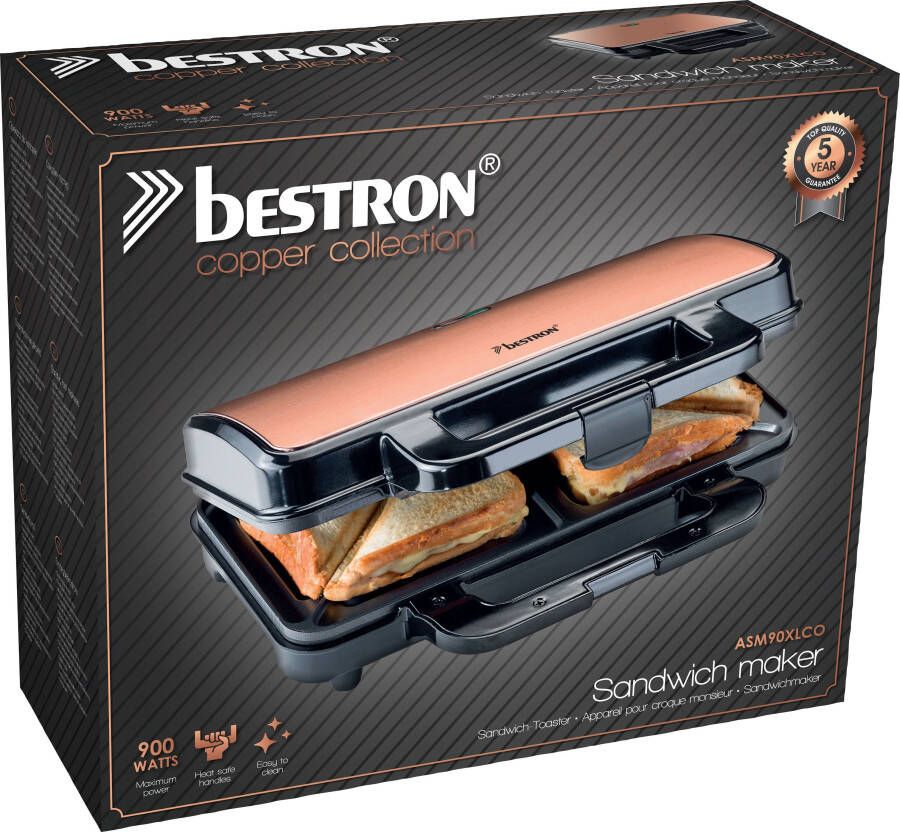 Bestron Sandwichmaker ASM90XLCO XL sandwich-toaster antiaanbak gecoat voor 2 sandwiches zwart koperkleur - Foto 4