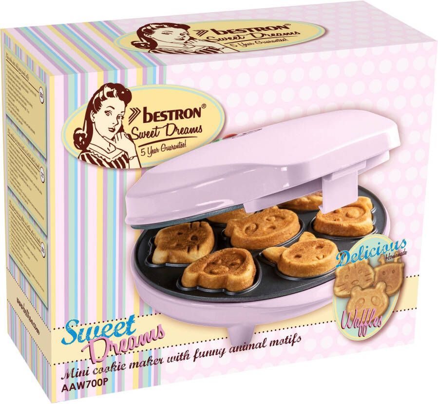 Bestron Wafelijzer voor Mini Cookies Cakemaker voor mini cakes met bakindicatielampje & antiaanbaklaag koekjes in dierenvorm 700 Watt roze